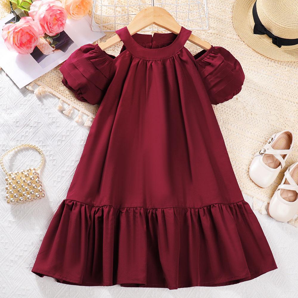 Summer Girls' Korean Dress Solid Color Round Neck Off Shoulder Princess Dress Girls' Stylish Children's Summer Outfit