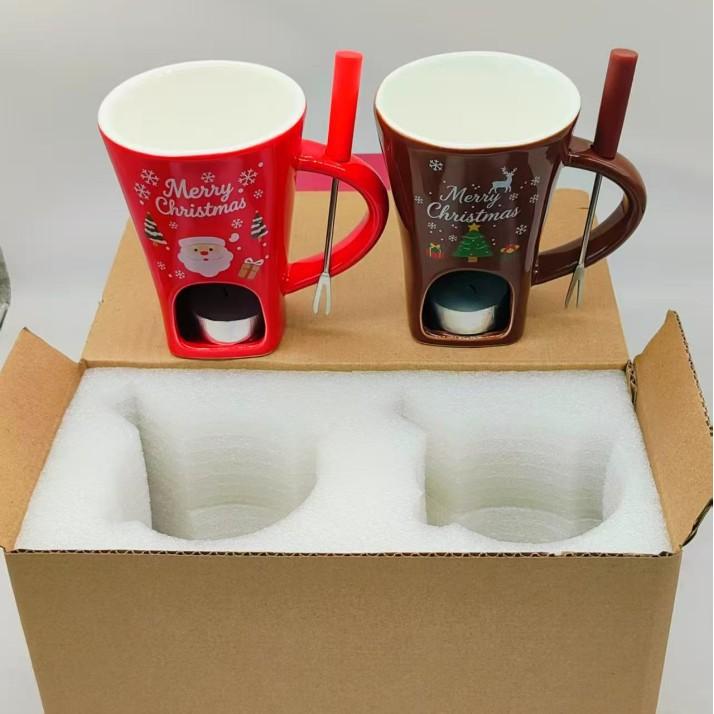 Christmas Ceramic Fondue Mug, Chocolate Melting Cup with Tealight Holder & Fork
