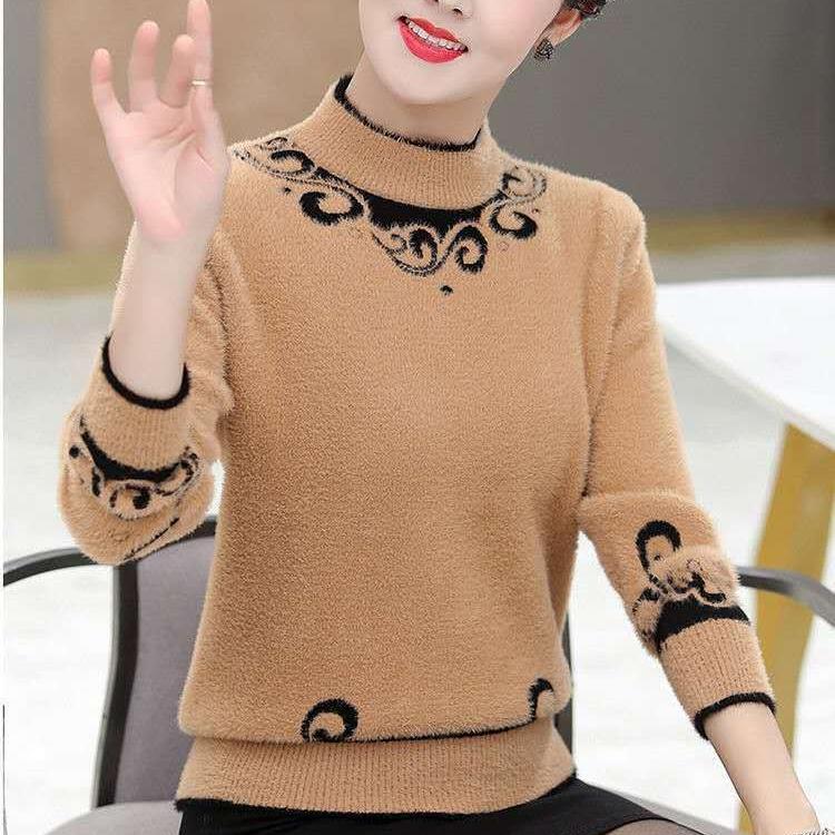 Women's Fleece Sweater Autumn Winter Thick and Warm Printed Plus-Size Sweater Loose Stretch Knit Pullover Top
