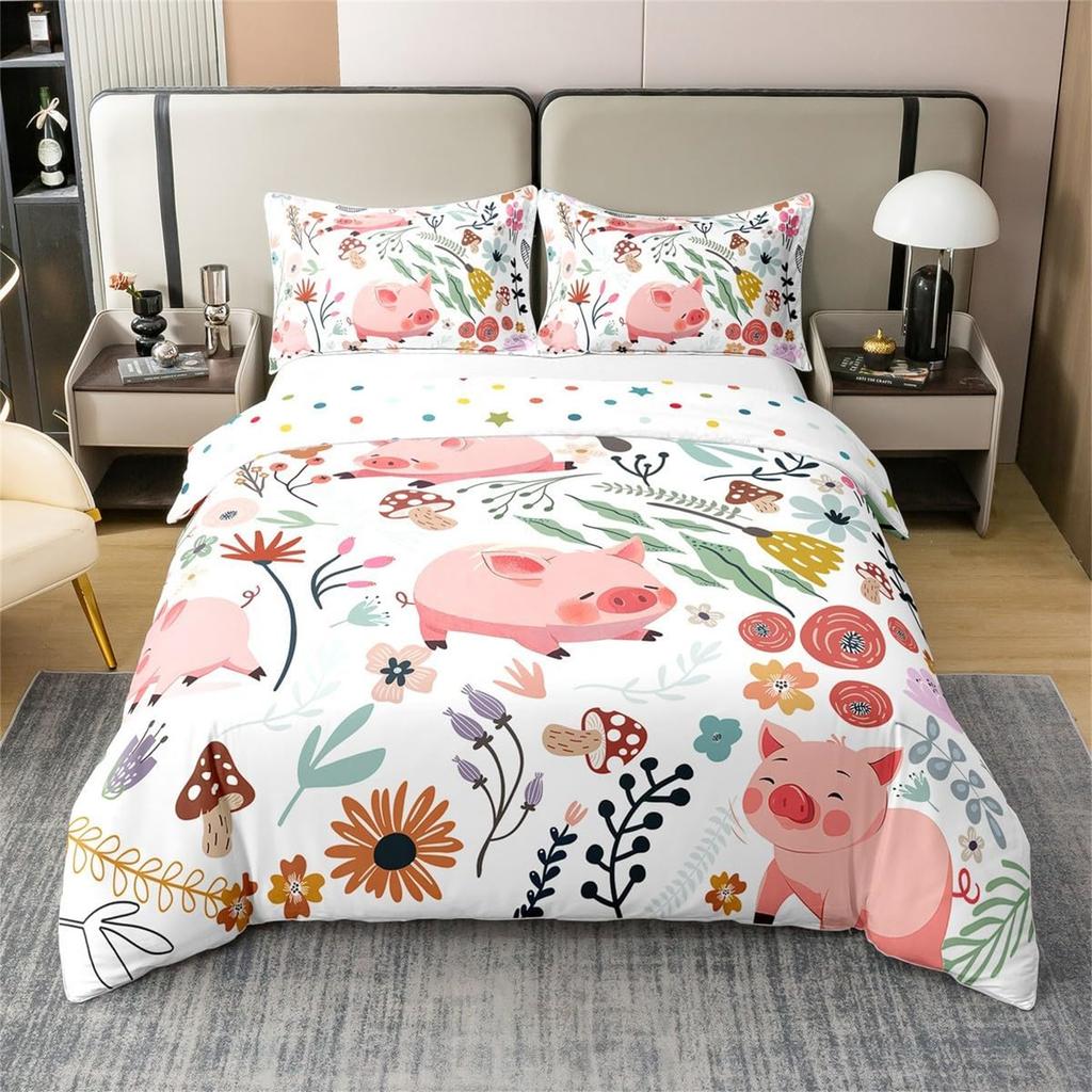 Sweet Pig Animal Bedding Set For Boys Girls, Microfiber Piggy Cartoon Animal Duvet Cover Set With Zipper and Pillowcase 75*50cm