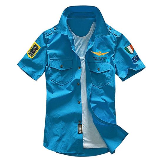 Military Men Letter Embroidery Patch Pocket Slim Button Down Short Sleeve Shirt