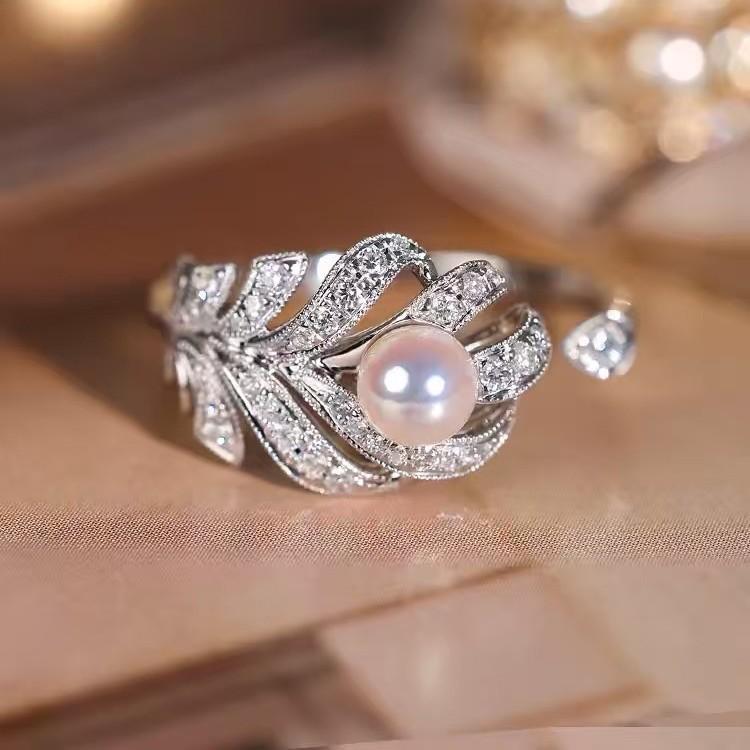 Gold-Plated Mi Gold With Diamonds, Tree Leaf Ring, Light Luxury Full Diamond Hand With High Carbon Diamond Feather Ring.