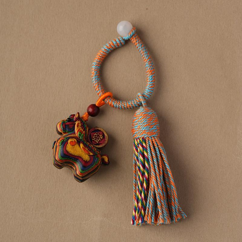 Creative Wooden Mascot Pony Tassel Keychain Zodiac Horse Pendant Backpack Hanging Decoration New Year Souvenir Gift