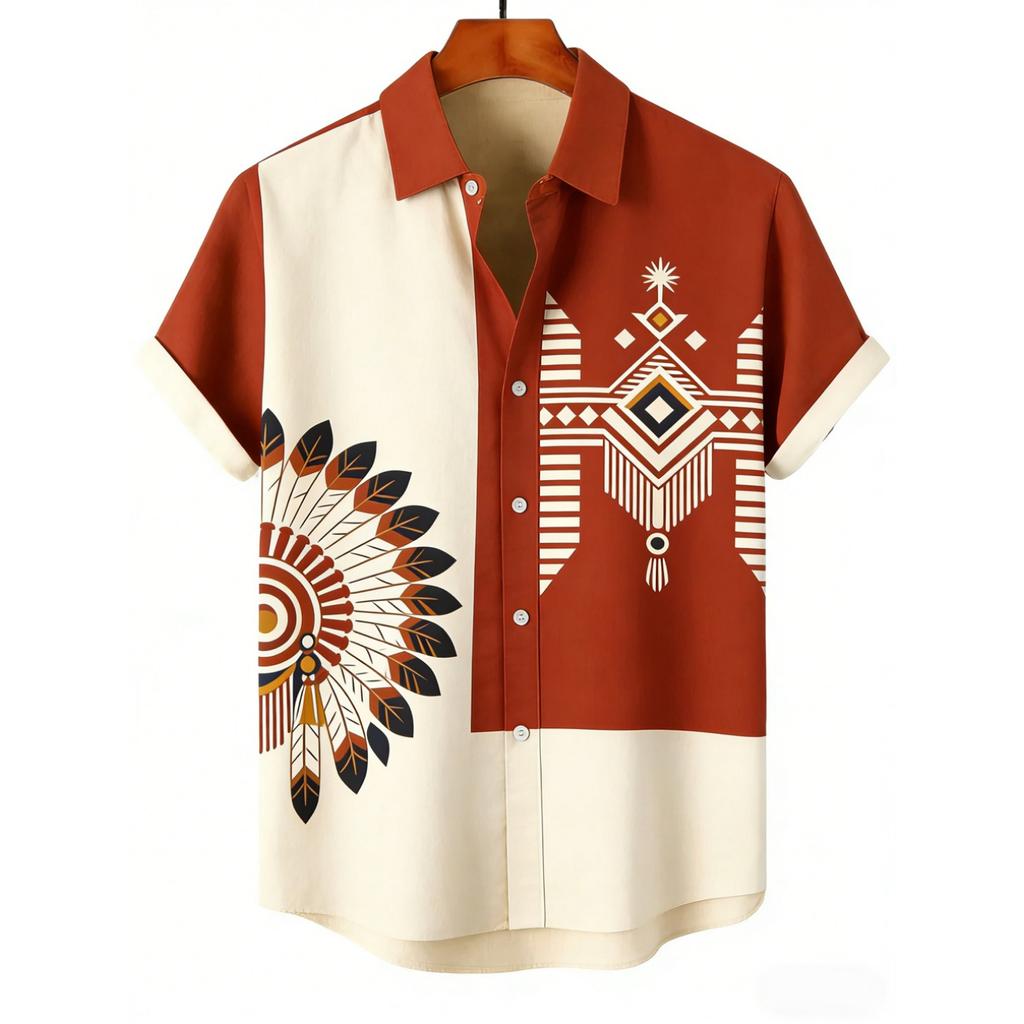 2026 Men's Summer Retro Linen Short Sleeve Lapel Shirt Indian Pattern 3D Print Hawaiian Outdoor Casual Clothes Men's Tops