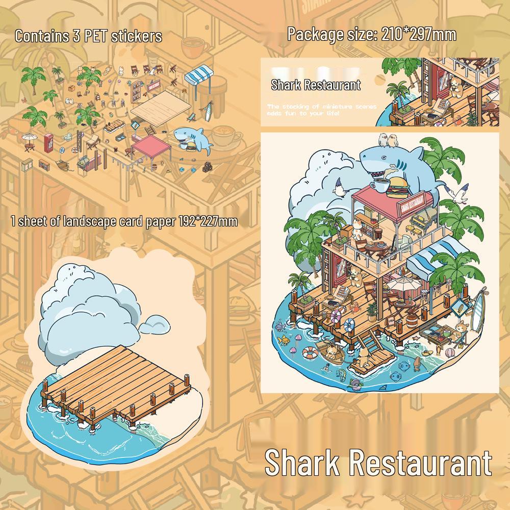3 Large PET Shark Restaurant Scenery Stickers - DIY Cute Cartoon Miniature World