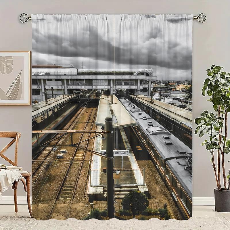 

2 шт. - Штора с принтом «Вокзал», материал полиэстер, штора для спальни, украшение для гостиной, украшение для дома 29Wx64L(75x166CM)x2