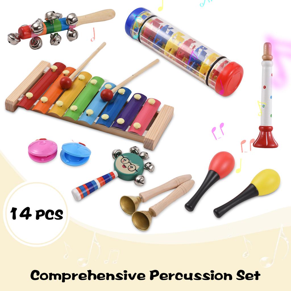 14Pcs Wooden Percussion Instruments Set Musical Instruments Interesting Interactive Games Hand Eye