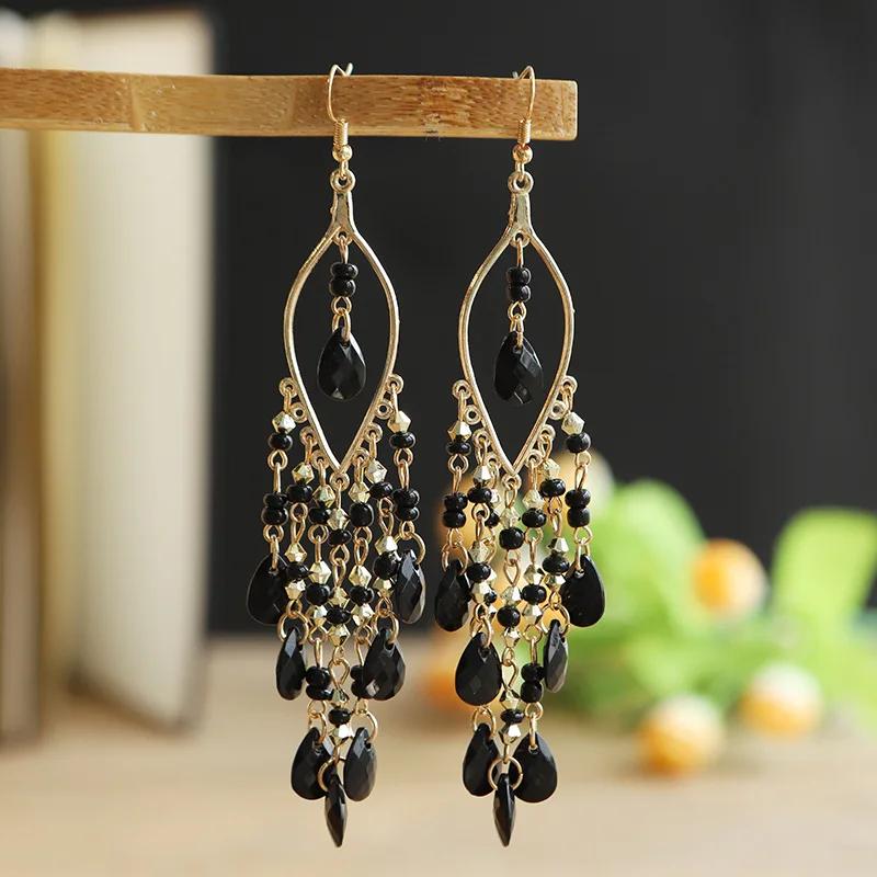 Boho Ethnic Seed Beads Long Earrings For Women Colorful Crystal Tassel Dangle Drop Earring Girls  Party Jewelry