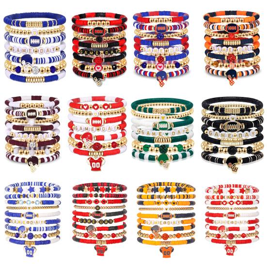 Game Day Bracelets Stackable Sports Football Charm Bracelets Elasticated Football Themed Bracelets Set for Women Men Football Fans Boho Summer