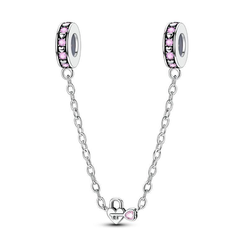 925 Silver Safety Chain Charm Bracelet Set Clover Lock Key Bear Peace Dove Fruit Decoration Beaded Fine Jewelry Gift