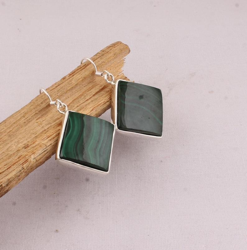 

Solid 925 Sterling Silver Malachite gemstone Handmade Women Dangler Earring Gift For Her