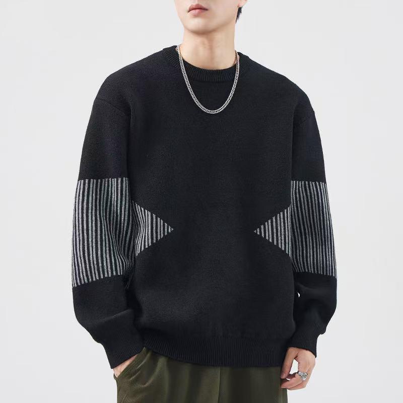 Round Neck Sweater, Men's Loose Fitting Patchwork Striped Knit Sweater, Casual Long Sleeved Pullover Top