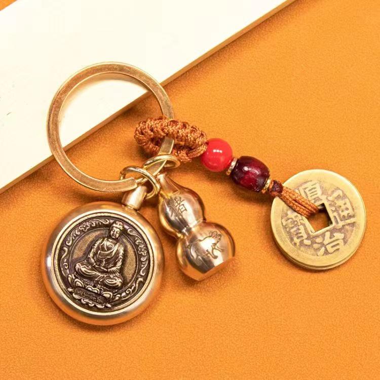 Pure Brass Zodiac Guardian Deities Rotating Keychain Pendant for Good Luck Includes Sand