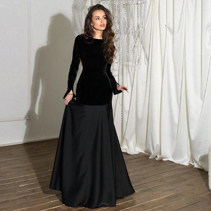 2025 Spring Women's Long Sleeve Round Neck Patchwork Dress - Solid Color