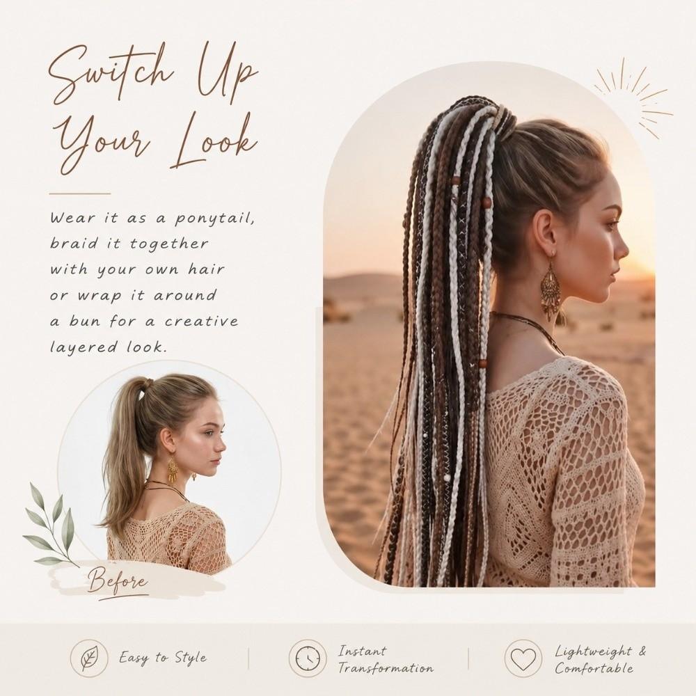Beaded Accents Braided Ponytail Extension Hand Woven Boho Braid Dreadlock Hairpiece Daily Styling