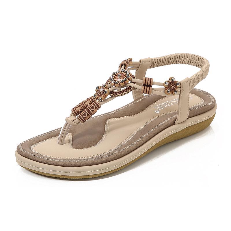 Bohemian Wood Bead Woven Plus Size Flat Women's Sandals for Summer 2025