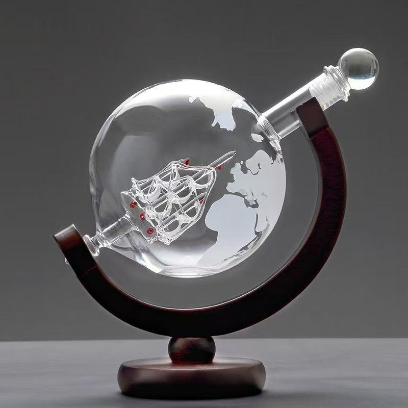 850ml Globe Decanter with Cup and Wooden Stand - Transparent Whiskey Bottle, New Model