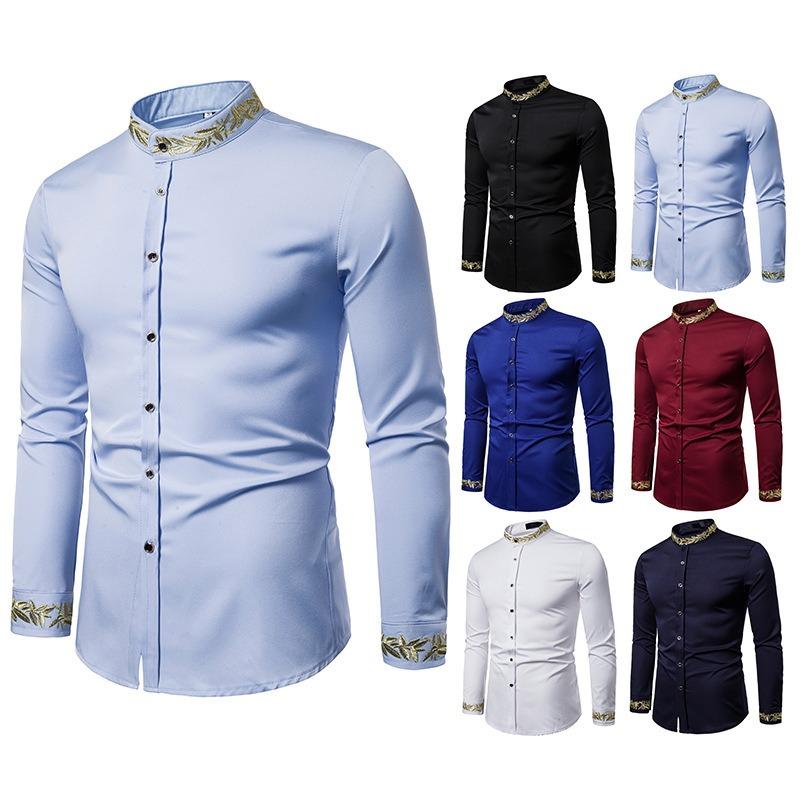 Camisa Casual de Manga Larga con Cuello Alto Bordado de Moda para Hombre Talla Europea