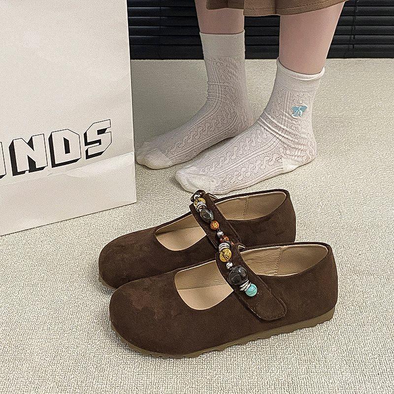 New Flat Birkenstocks Mary Jane Retro Skirt Women'S Velcro Single Shoes Autumn Beads