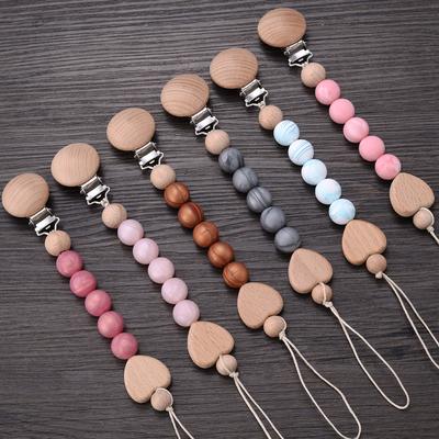 Clips Sucette Hêtre Bébé Cœur Bois Silicone Chaîne Sucette Bébé Clip Sucette Bébé Pendentif Porte-Tétine Anti-Chute Accessoire
