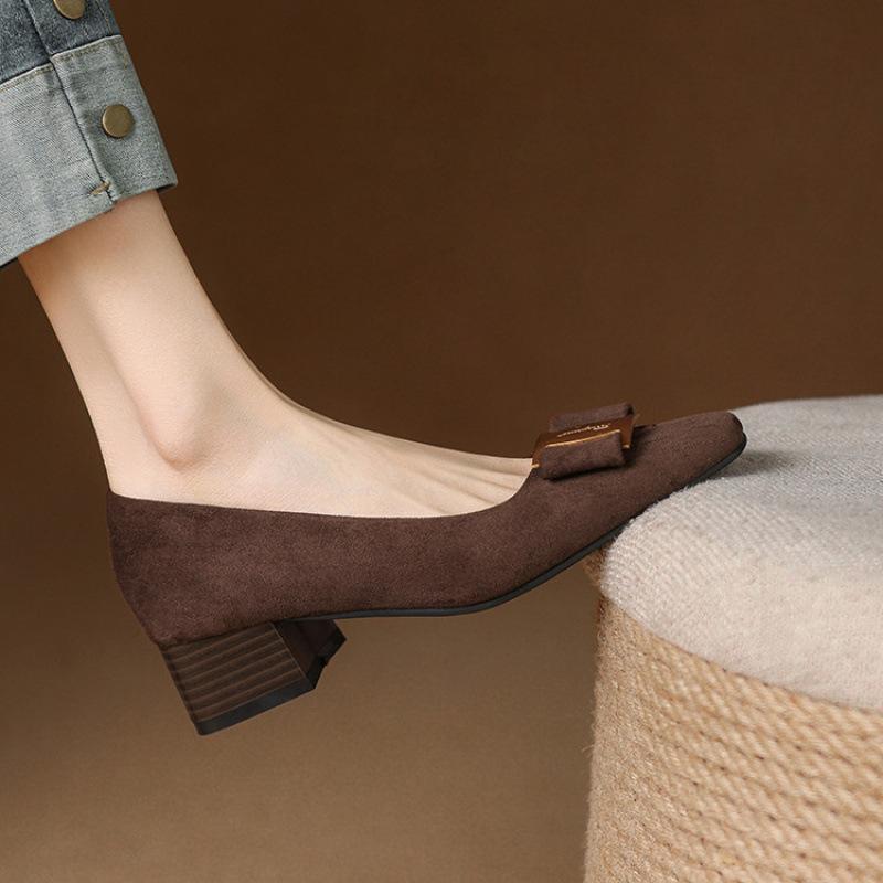 New Comfortable Suede Single Shoes Women's Foot Cover One Pedal Casual Solid Color Square Head Medium Heel Large Size Shoes Square Heel Single Shoes