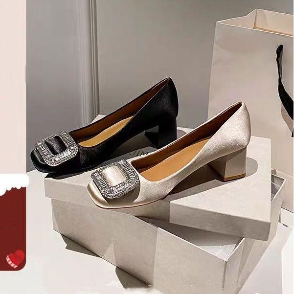 Women's 2025 Spring/Autumn Square Toe Rhinestone High Heels with French Satin Buckle