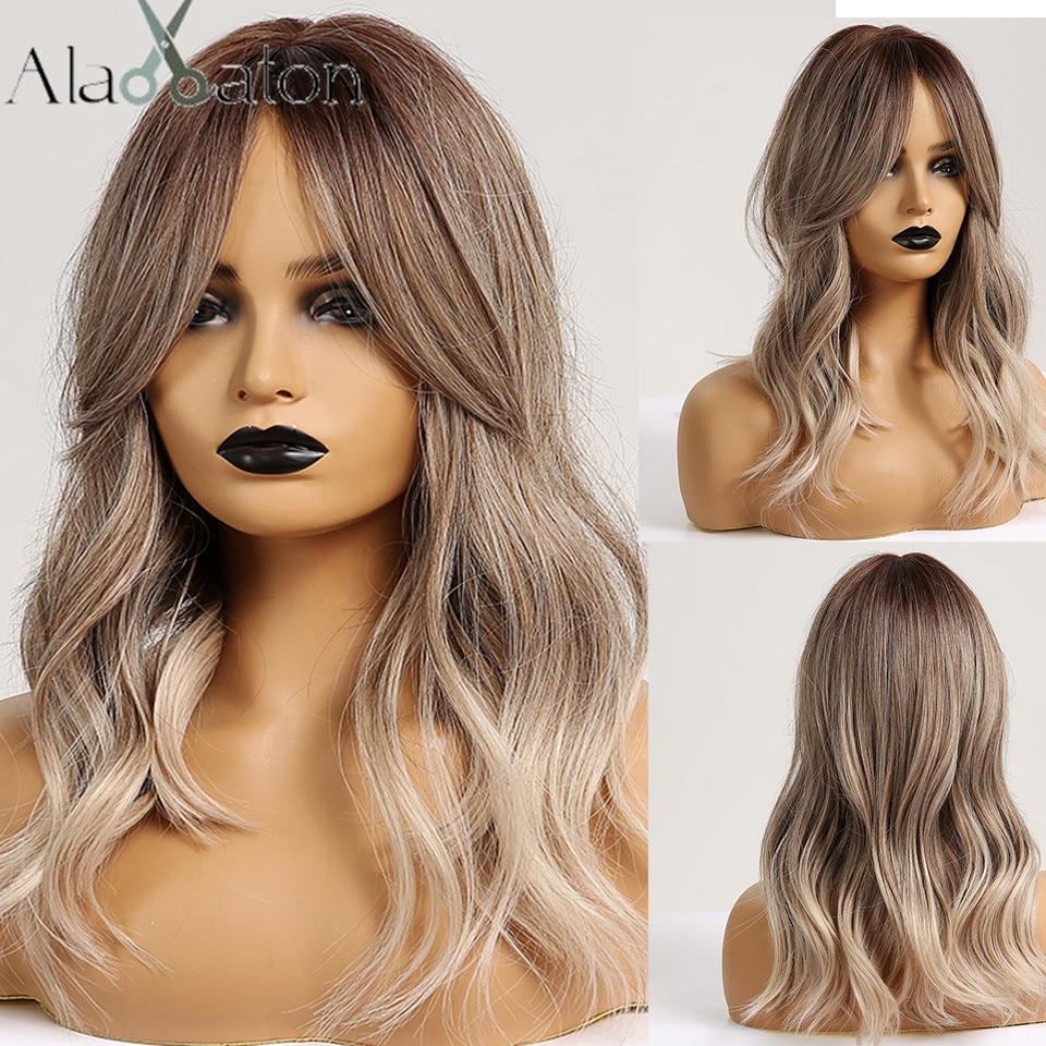 ALAN EATON Medium Long Water Wave Ombre Brown Blonde Synthetic Wigs Natural Middle Part Heat Resistant Hair Wigs for Black Women