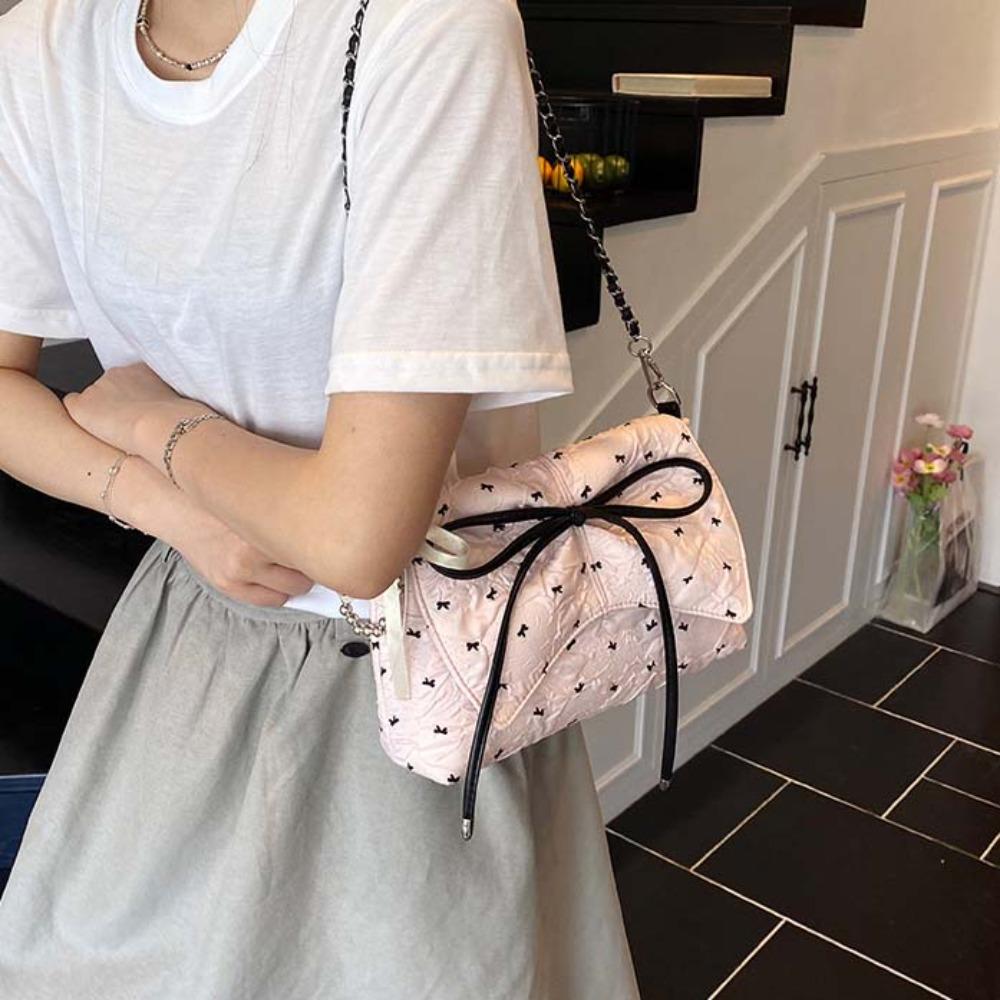 Ribbon Pendant Bow PU Shoulder Pouch Sweet Women Crossbody Bag Shopping French Chain Bag  Women
