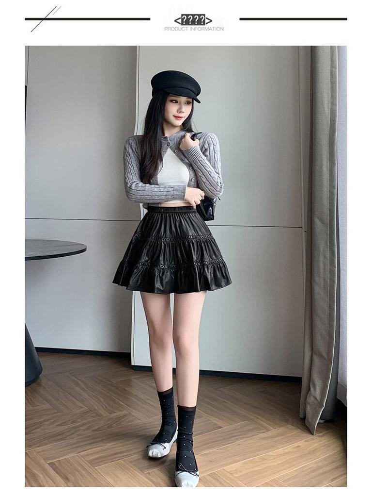Hoher Taillen-Leder-Rüschen-A-Linien-Minirock - Herbst/Winter 2025 Koreanische Mode