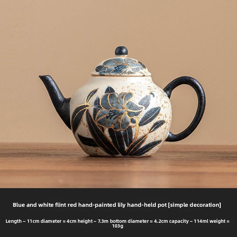 

Blue and White Ceramic Teapot Flimbake Porcelain Gold Painting Hand Painted Lily Small Gongfu Tea Set Heat Resistant Non Burn