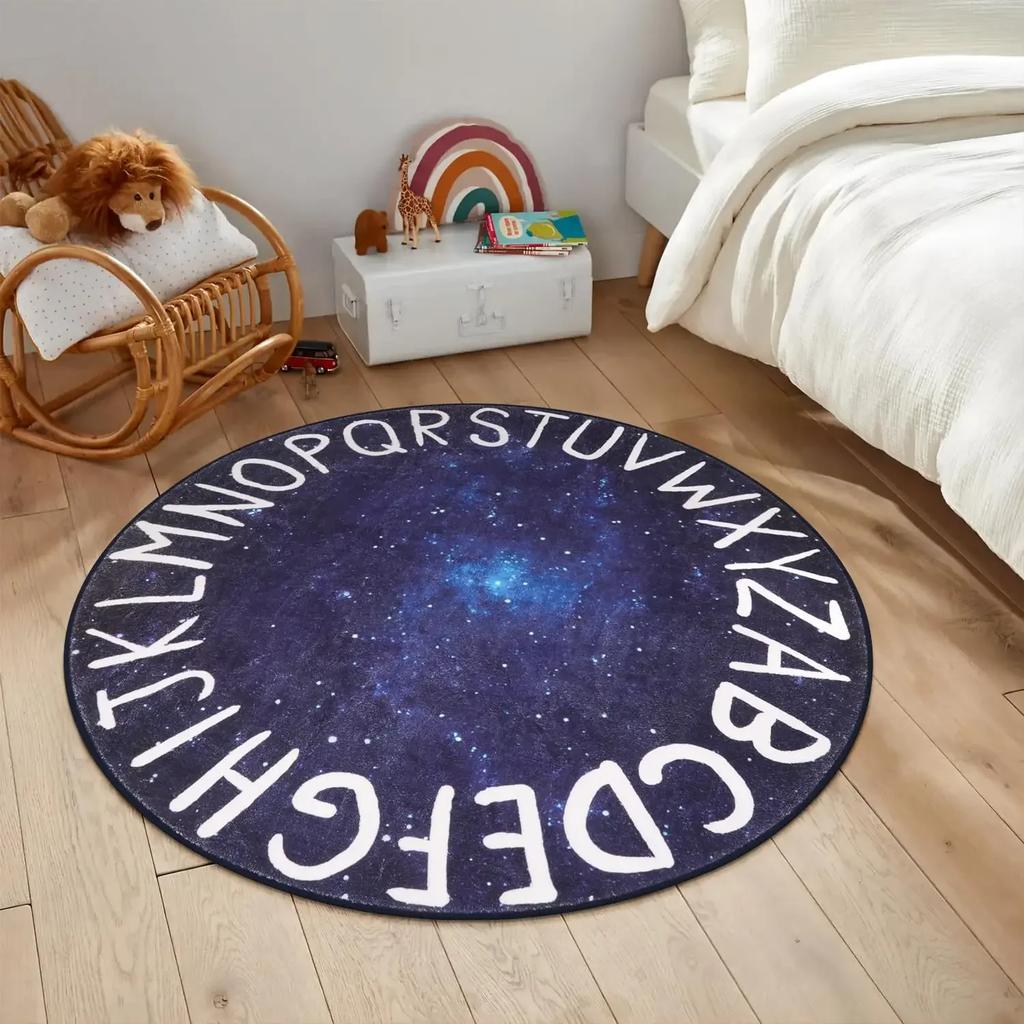 Crystal Velvet Galaxy Round Rug, Space Nebula Starry Print Non Slip Floor Mat for Bedroom, Playroom, Kids Room, Home Decor