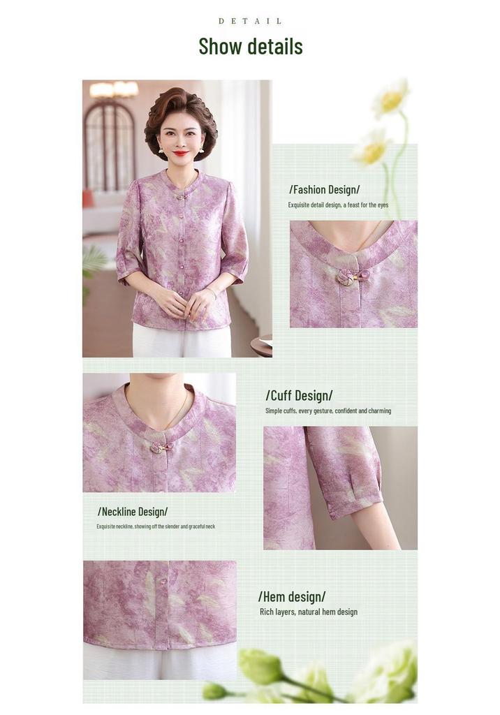 Round Neck Imitation Silk Summer Shirt for Middle-Aged and Elderly Women