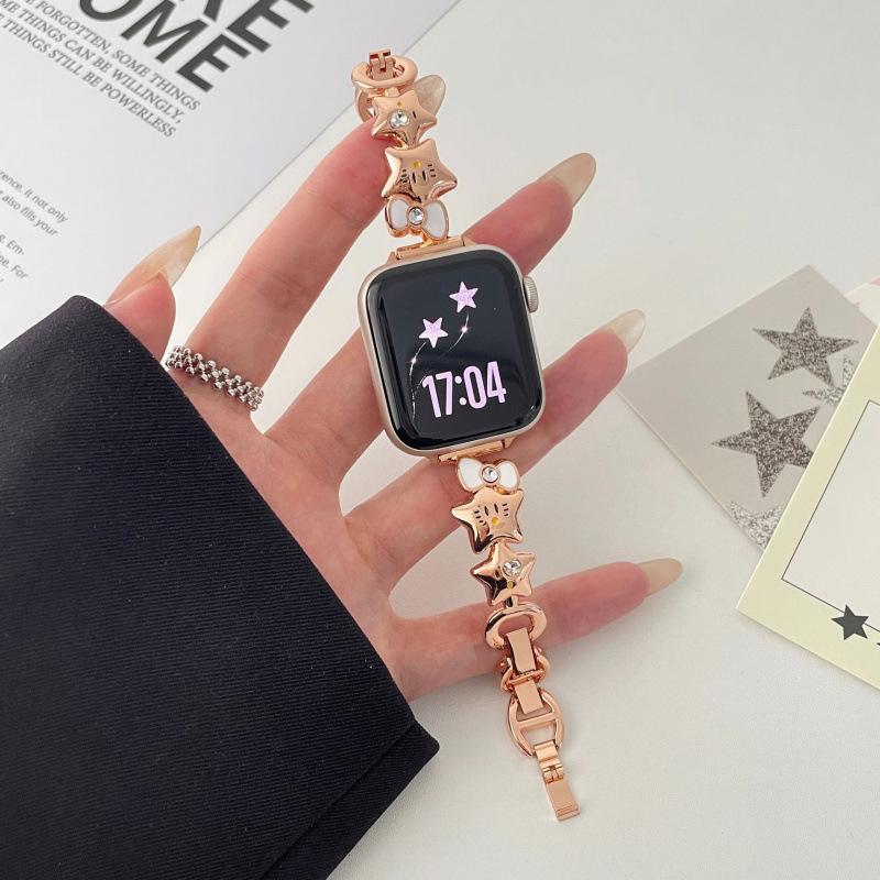 Compatible Watch Band for Apple Watch 11, iWatch Series 109876E, Huawei GT5, and Xiaomi 9 Pro - Bow Star Chain Design
