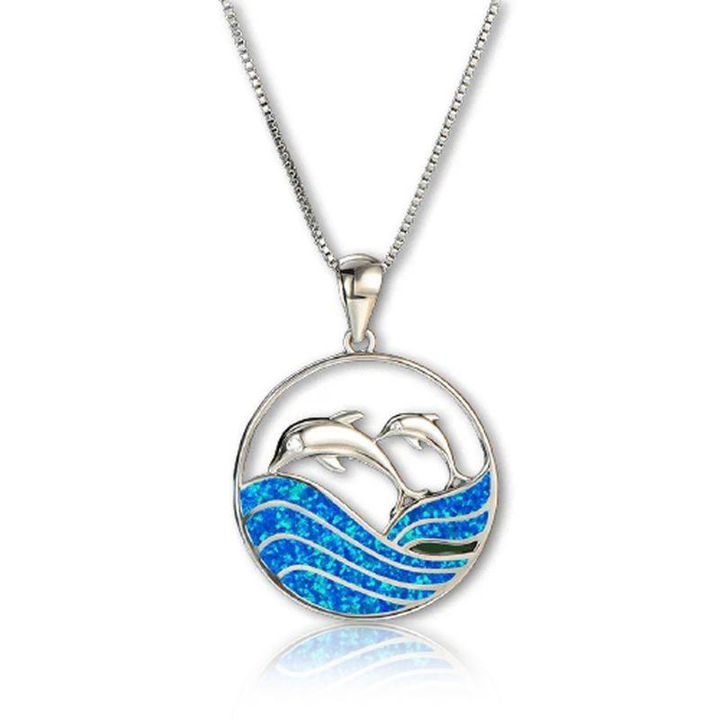Boho Fashion Flower Pendant Necklace for Women Girl Charm Blue Imitation Opal Necklace Trendy Wedding Party Jewelry