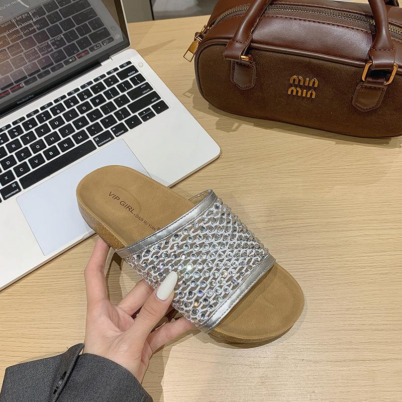 Women's shoes 2025 summer new wear fashion versatile mesh rhinestone decoration one-word drag thick-soled beach cool slippers