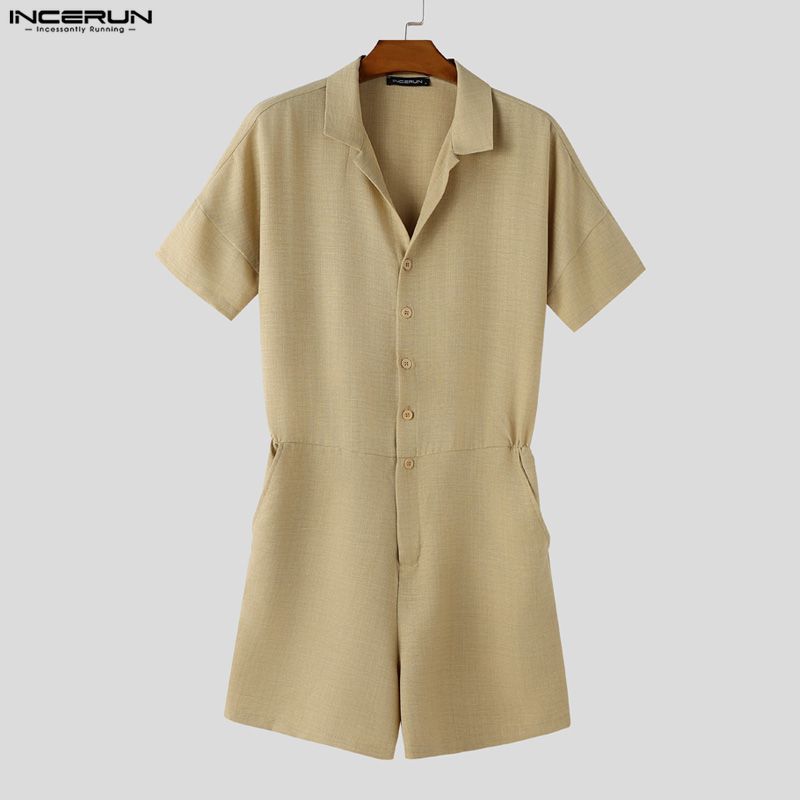 INCERUN Mens Casual Lapel Neck Short Sleeve Button Romper Jumpsuit