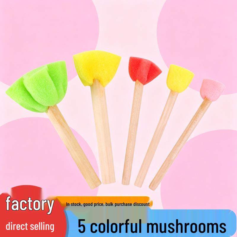 Children's Doodle Round Sponge Stamps with Wooden Handles - 5pcs DIY Painting Brushes