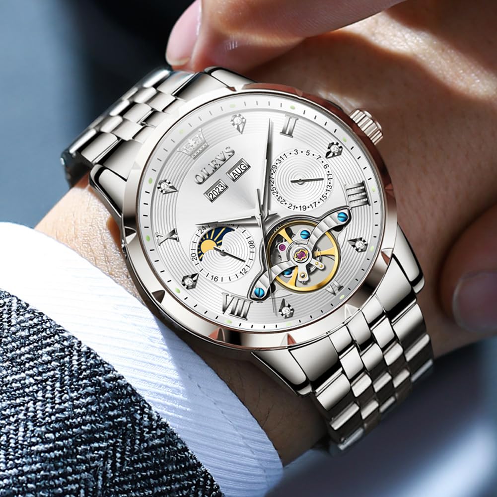 OLEVS Mechanical Automatic Winding Moon Phase Stylish Skeleton Waterproof Popular Watch Luminous Watch for Men White Men's