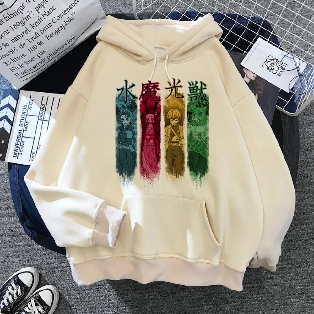 Japon Anime Demon Slayer Bayan Kapüşonlu Sweatshirt Japon 2000'ler Tarzı Y2k Günlük Kapüşonlu Sweatshirt Harajuku Çizgi Film Manga Haki Kazaklar