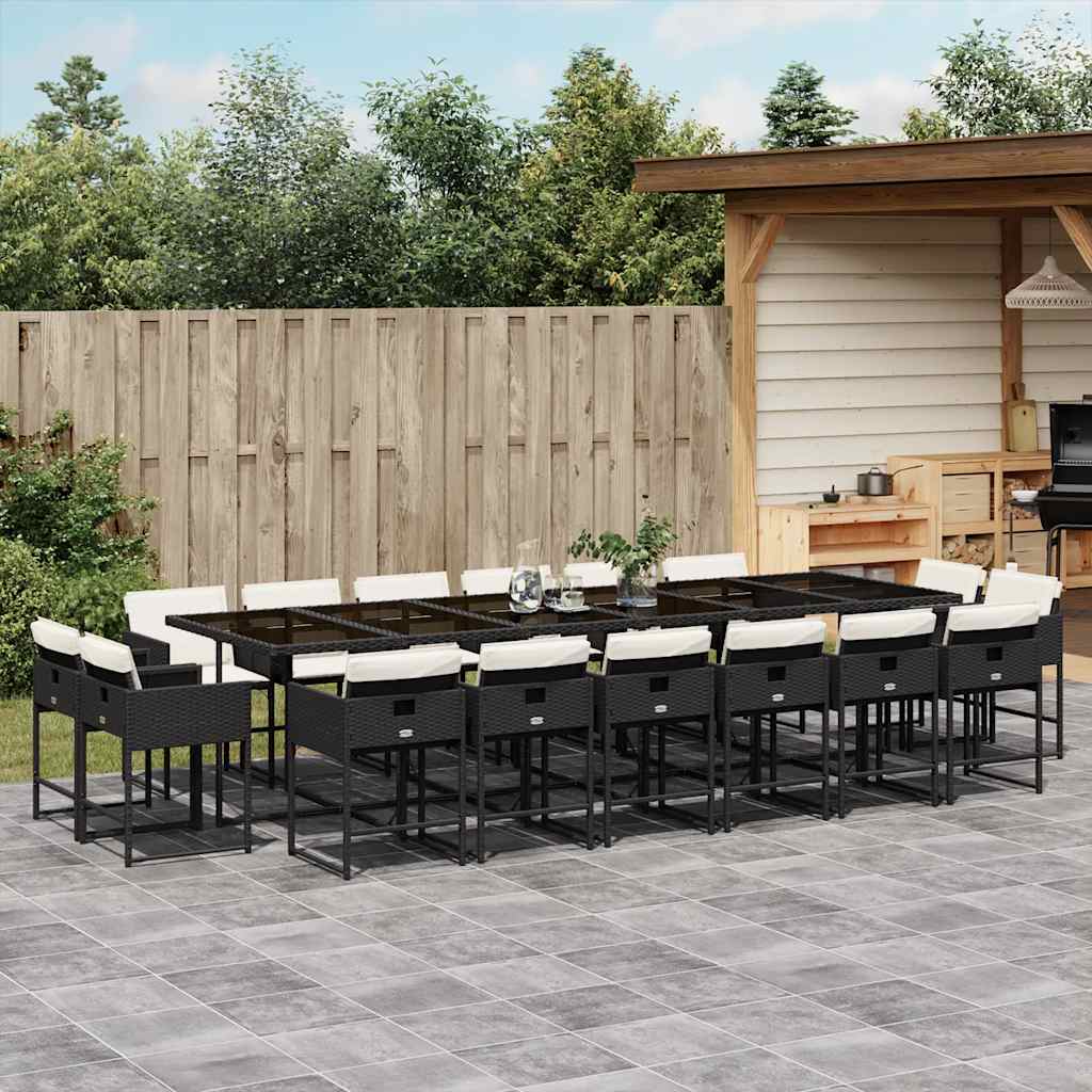 17 piece Outdoor Dining Set with Cushions Black Poly Rattan