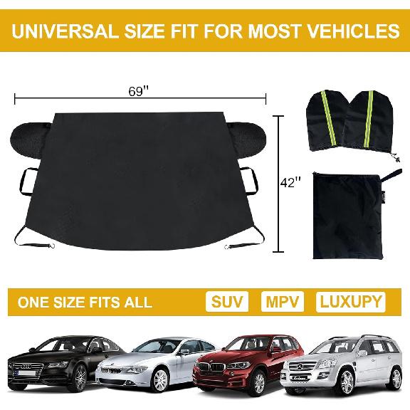 Car Windshield Cover for Ice and Snow, Frost Removal Wiper Protector, All Weather Waterproof Sunshade Snow Cover with Side Mirrors Cover Fits Most