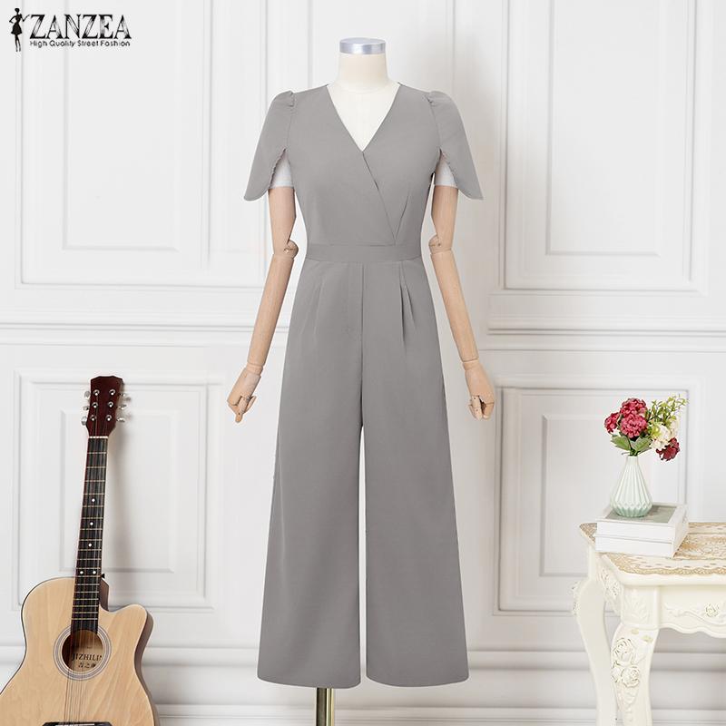 ZANZEA Women Summer V-Neck Casual Short Sleeve Wide Leg Jumpsuits
