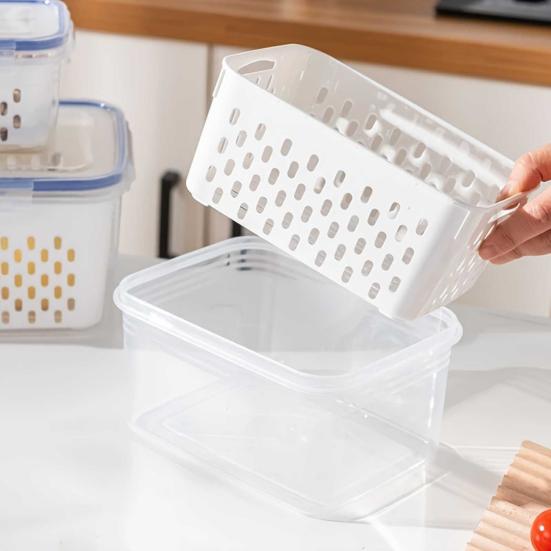 Food Storage Container with Drain Basket BPA Free Large Capacity Leak Resistant Fridge Vegetable Organizer Box