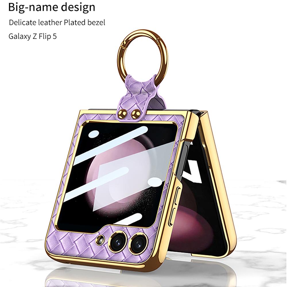 Ultra-thin Plating Phone Cover Case For Samsung Galaxy Z Flip 5 Cases with Metal Ring, Camera Screen Protection, Luxury Leather