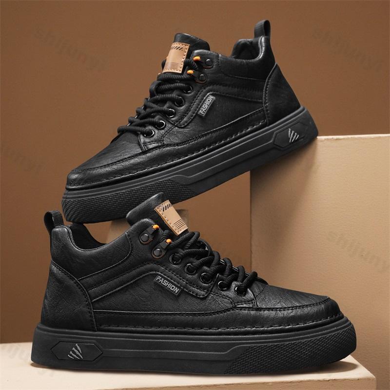 Men's Casual Leather Shoes 2026 Autumn New Non Slip High Top Vintage Workwear Boots Lace Up Height Increase Comfort Board Shoes