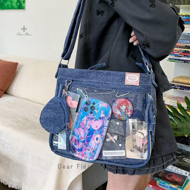Y2K Cute Denim Ita Bag Women Fashion Crossbody Bag Harajuku Girls Transparent Shoulder Bag Lady DIY Badge Totebag Lolita Handbag