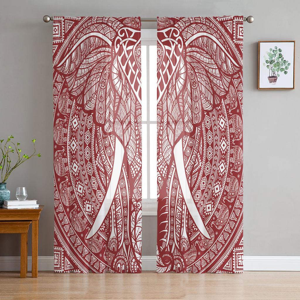 Elephant Art Indian Bobo Style Tulle Window Treatment Sheer Curtains for Kitchen Living Room the Bedroom Curtains Decoration