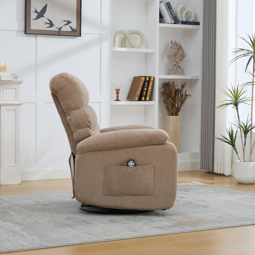 Sedia relax elettrica girevole a 360 gradi con funzione massaggio e riscaldamento, schienale e poggiapiedi regolabili manualmente, nonché tasche laterali portaoggetti