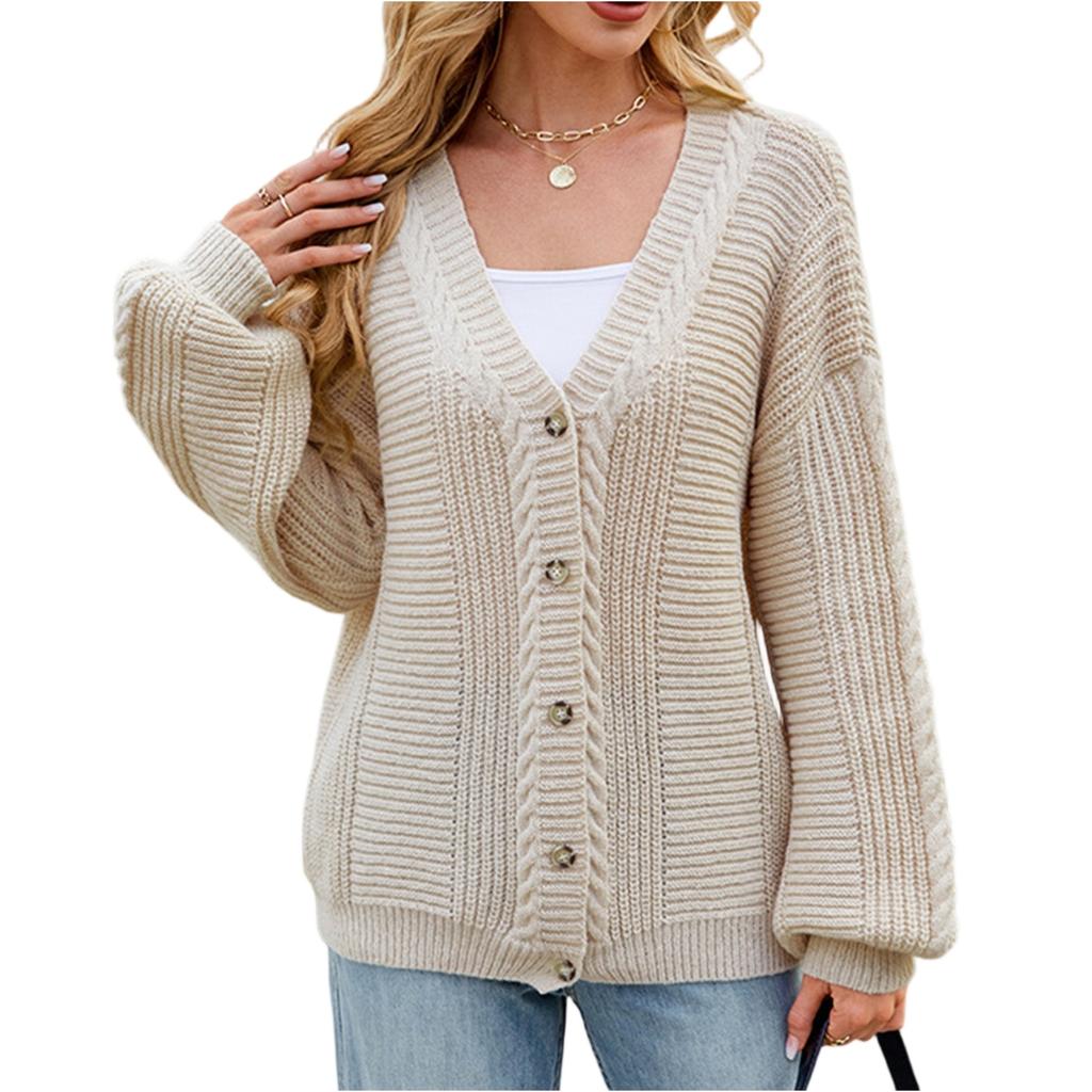 Women's Fashion Solid Color Long Sleeved V-neck Knitted Sweater Cardigan Jacket