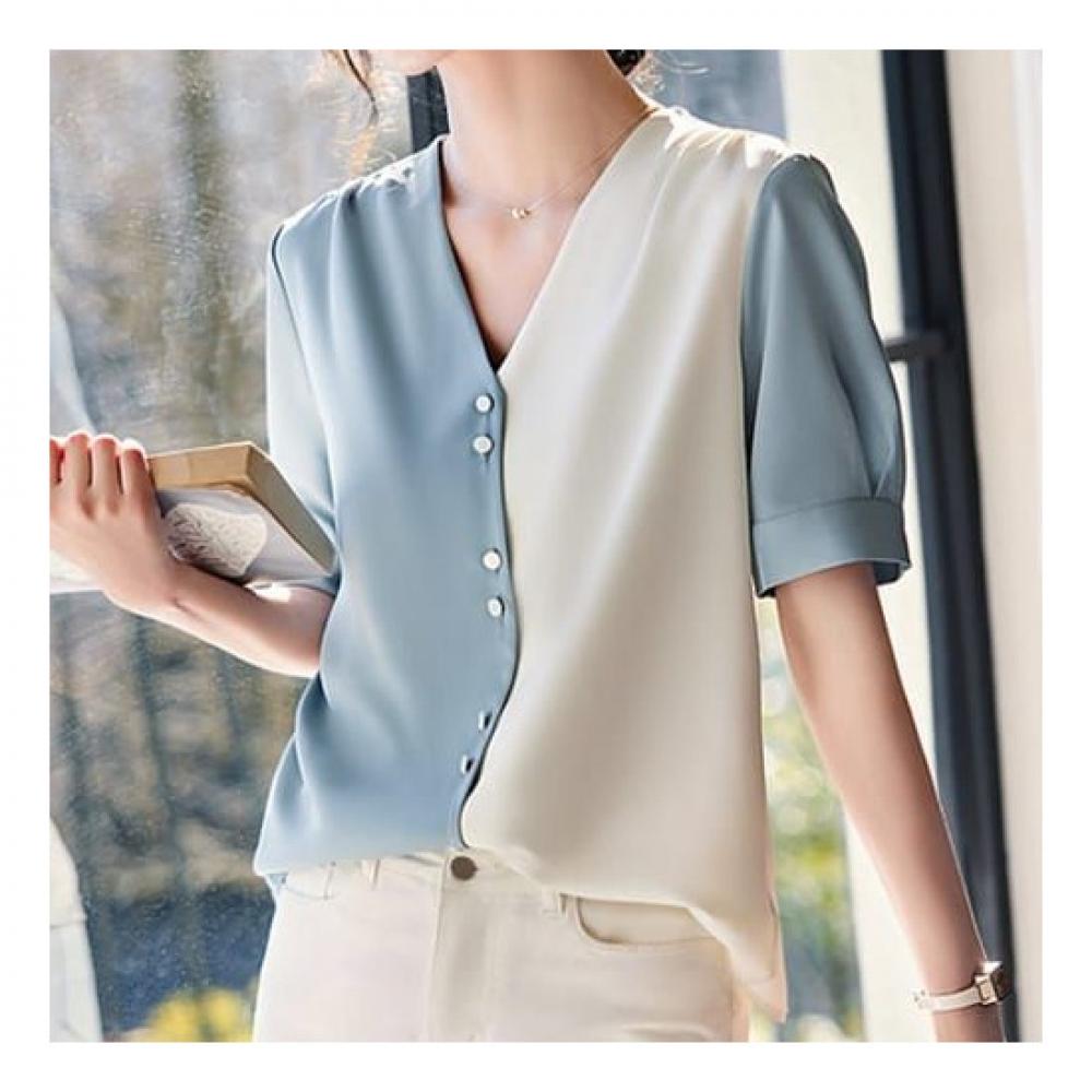 NaVaVa Women Two Tone V Neck Short sleeVe Blouse Nb2184